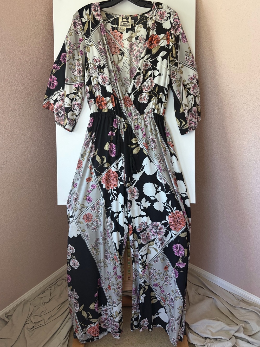 Anthropologie JAASE Floral Patchwork Wide Leg Jumpsuit Drawstring Size M